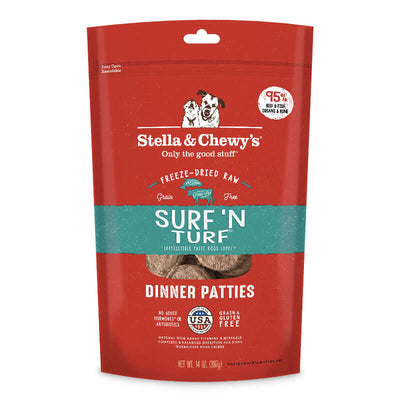 Stella & Chewy's Surf ‘N Turf freeze-dried raw dinner patties with beef & salmon for dogs, grain-free & nutrient-rich.