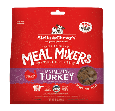 Stella & Chewy's Tantalizing Turkey Freeze-Dried Raw Meal Mixers package with 95% turkey content.