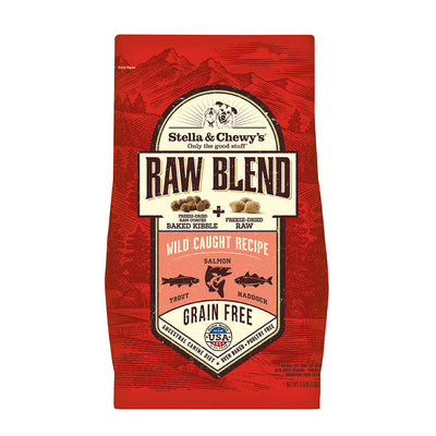 Stella & Chewy's Wild Caught Recipe Freeze-Dried Raw Blend Kibble featuring Trout, Salmon, and Haddock in a vibrant red package.