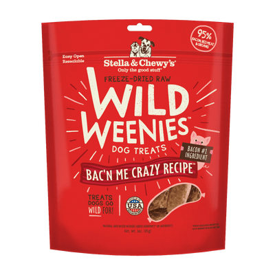 Stella and Chewy's Wild Weenies freeze-dried raw dog treats with 95% bacon, made in the USA, all-natural ingredients.