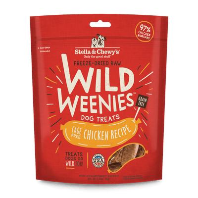 Stella and Chewy's Wild Weenies freeze-dried raw dog treats with 97% chicken and organs, ideal for training.