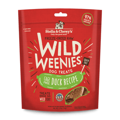 Stella and Chewy's Wild Weenies freeze-dried raw dog treats in a red bag, featuring a cage-free duck recipe, 97% duck and organs.