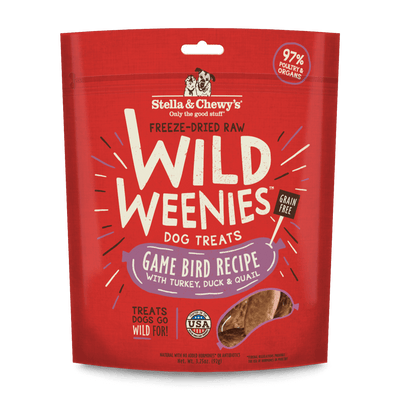 Stella and Chewy's Wild Weenies Freeze-Dried Raw Dog Treats, Game Bird Recipe with turkey, duck & quail, 97% poultry and organs.