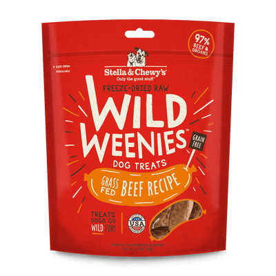 Stella and Chewy's Freeze-Dried Raw Wild Weenies, 97% grass-fed beef dog treats, all-natural, grain-free.