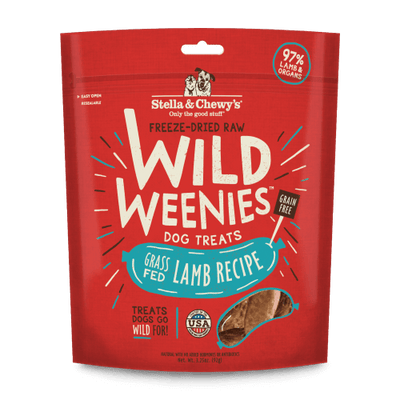 Stella and Chewy's freeze-dried raw Wild Weenies dog treats with grass-fed lamb, 97% lamb and organs for healthy pups.