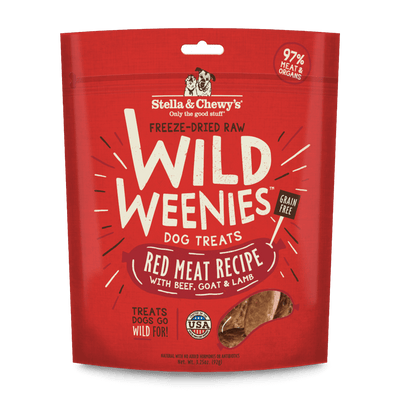 Stella and Chewy's Wild Weenies freeze-dried raw dog treats with beef, goat, and lamb, 97% muscle meat. Ideal for training.