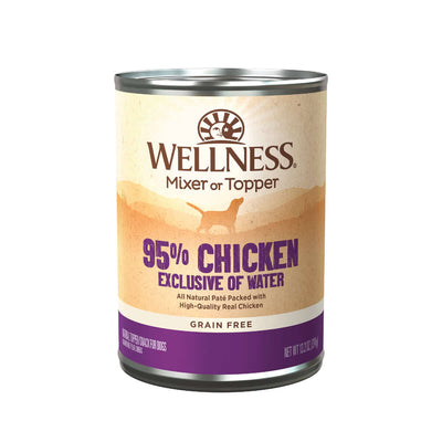 Canned Wellness 95% Chicken grain-free mixer or topper dog wet food in a 13.2oz can.