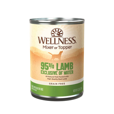 Wellness 95% Lamb Grain-Free Mixer or Topper Dog Wet Food can, natural ingredients, high-protein for dogs.