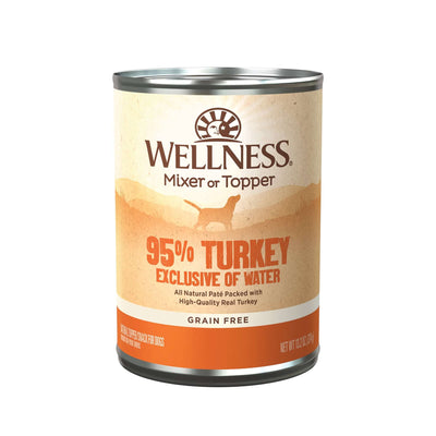 Wellness 95% Turkey Grain-Free Dog Wet Food, 13.2 oz can, high-protein formula for dogs with grain sensitivities.