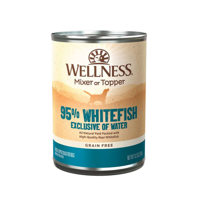 Wellness 95% Whitefish Grain-Free Dog Wet Food 13.2 OZ can, high-protein natural ingredients, made in the USA.