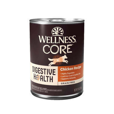 Wellness CORE Digestive Health Chicken Recipe grain-free dog wet food can for sensitive stomachs.