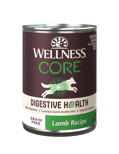 Wellness CORE Digestive Health Lamb Grain-Free Dog Wet Food 13 oz can for sensitive stomachs and overall gut health.