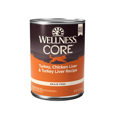 Wellness CORE Grain-Free Turkey, Chicken Liver & Turkey Liver Dog Wet Food can 12.5 oz for healthy digestion and strong muscles.