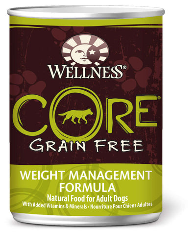Wellness CORE Grain-Free Weight Management Formula Dog Wet Food can, 12.5 oz, low-fat high-protein nutrition for dogs.