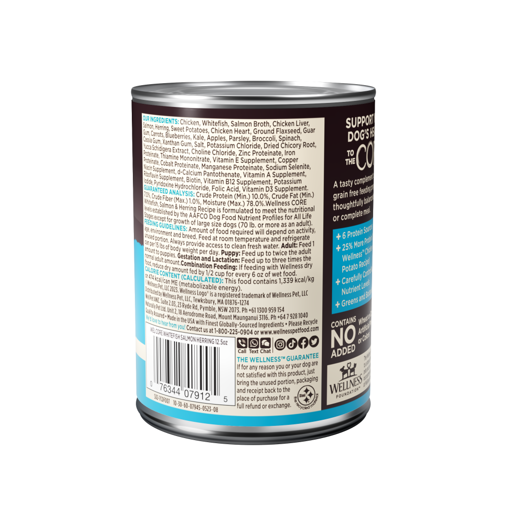 Wellness CORE grain-free Whitefish, Salmon and Herring wet dog food can