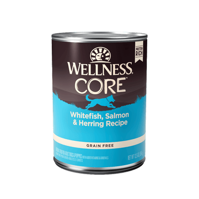 Wellness CORE Grain-Free Whitefish, Salmon & Herring Recipe wet dog food can, 12.5 oz, high-quality fish protein.