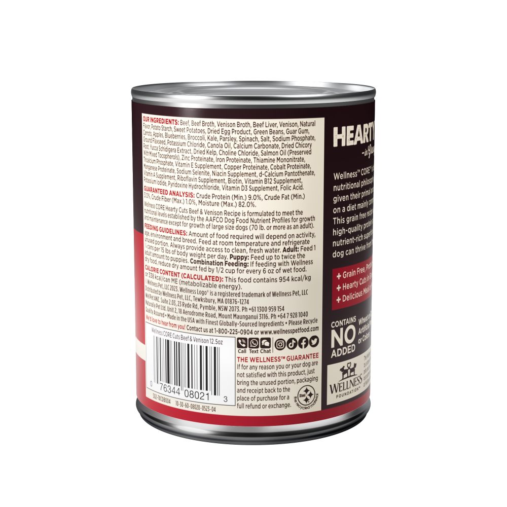 Wellness CORE Hearty Cuts beef and venison wet dog food can