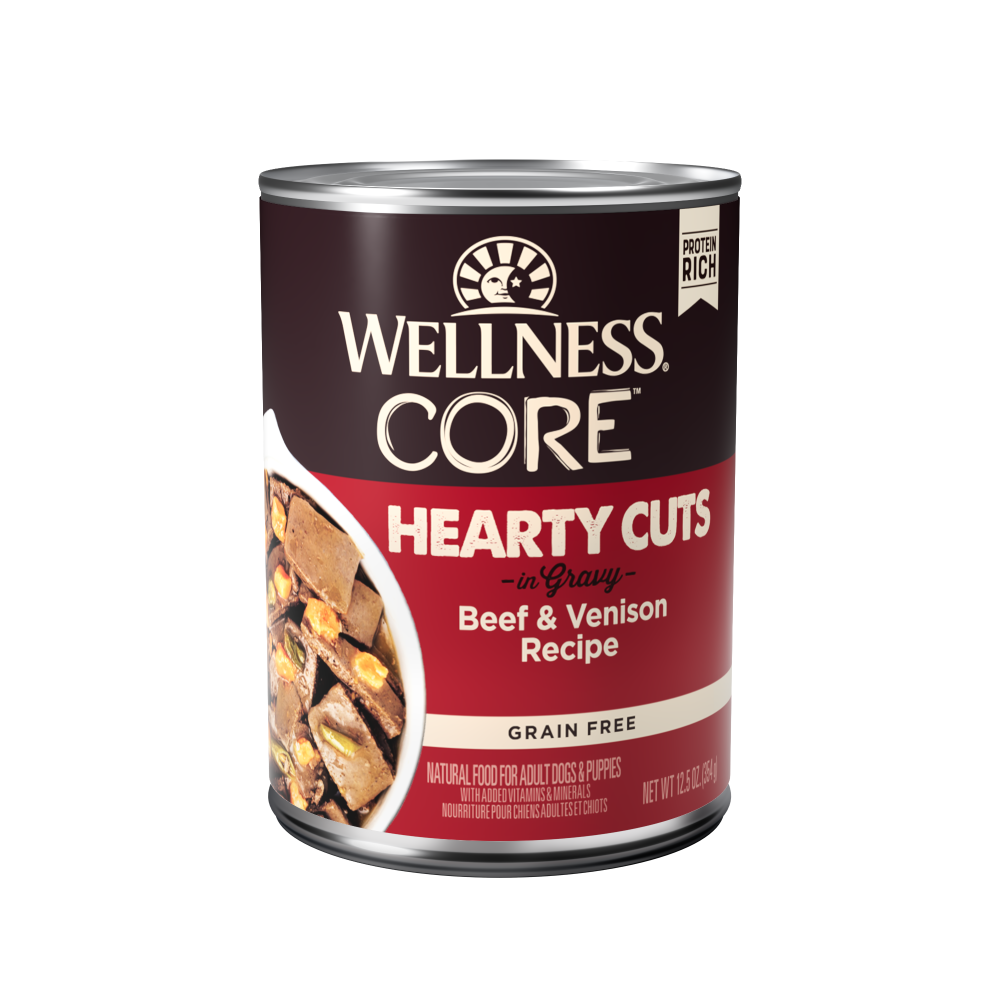 Wellness CORE Hearty Cuts beef and venison wet dog food can