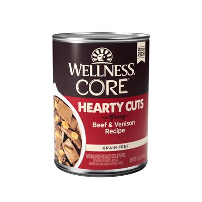 Wellness CORE Hearty Cuts Beef & Venison wet dog food can, 12.5 oz, grain-free, high-quality protein for dogs.
