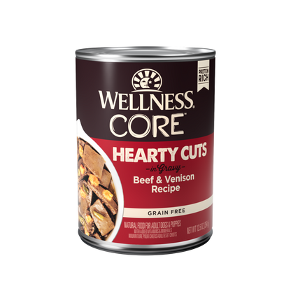 Wellness CORE Hearty Cuts beef and venison wet dog food can