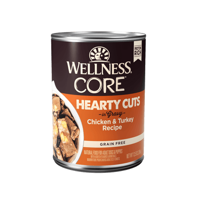 Wellness CORE Hearty Cuts Chicken & Turkey Wet Dog Food can, grain-free recipe in savory gravy, 12.5oz.