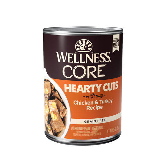 Wellness CORE Hearty Cuts chicken and turkey wet dog food can