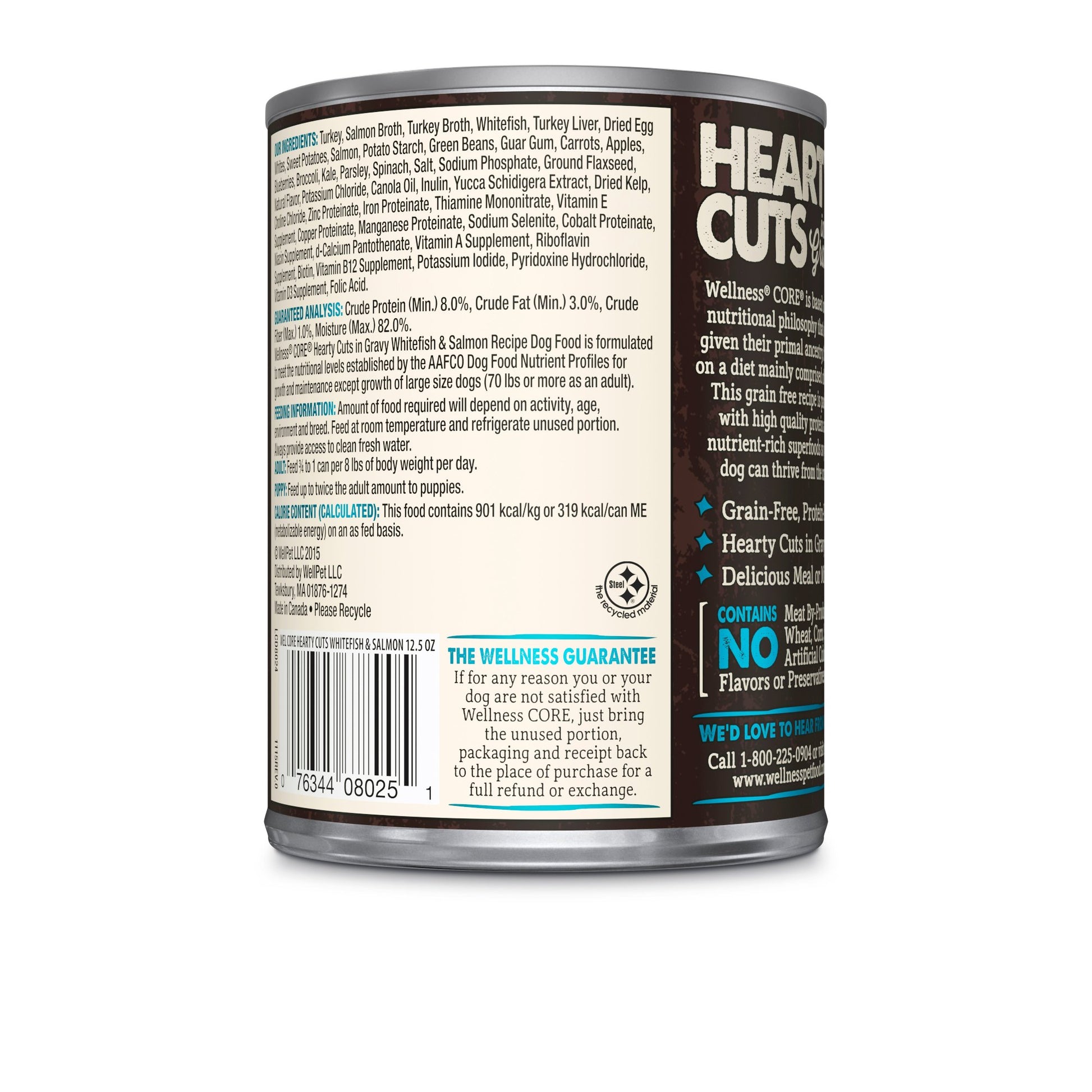 Wellness CORE Hearty Cuts whitefish and salmon wet dog food can