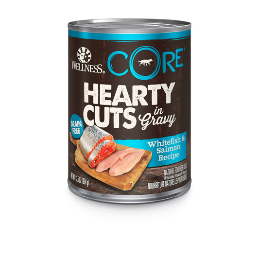 Wellness CORE Hearty Cuts whitefish and salmon wet dog food can