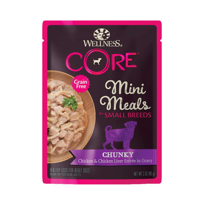 Wellness CORE Mini Meals Chunky Chicken & Chicken Liver Entree for small breed dogs, 3 oz grain-free wet food.