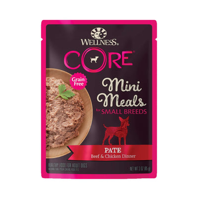 Wellness CORE Mini Meals Pate Beef & Chicken Dinner for small dogs, grain-free wet food, 3 oz package.
