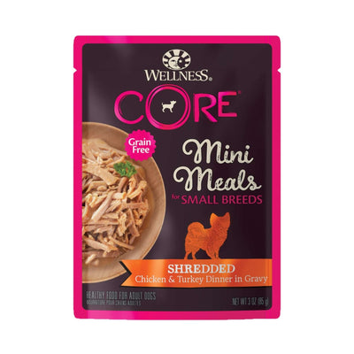 Wellness CORE Mini Meals shredded chicken and turkey dinner for small breed dogs in a 3 oz package.