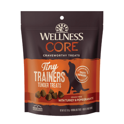 Wellness CORE Tiny Trainers Tender Treats with Turkey & Pomegranate, grain-free dog training treats for small dogs.
