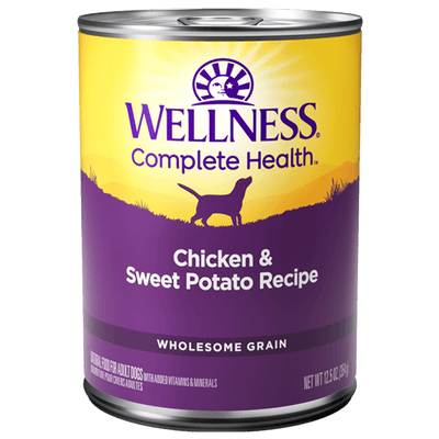 Wellness Complete Health Chicken & Sweet Potato Recipe canned dog food, 12.5 OZ, nutritious for healthy digestion and skin.