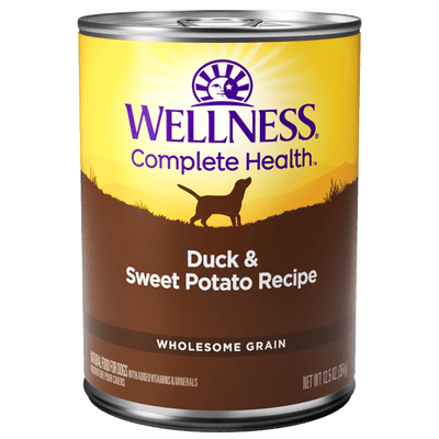 Wellness Complete Health Duck & Sweet Potato Recipe canned dog food, 12.5oz, grain-free nutrition for dogs.