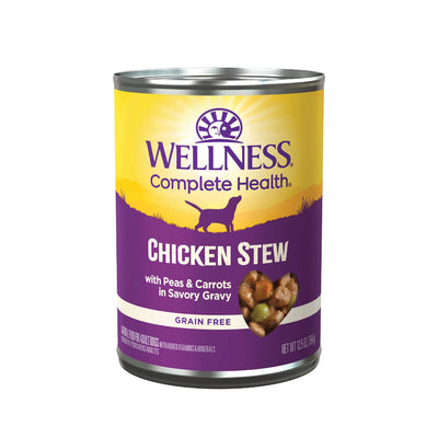 Wellness Complete Health Chicken Stew canned dog food with peas and carrots in savory gravy, 12.5oz, grain-free.