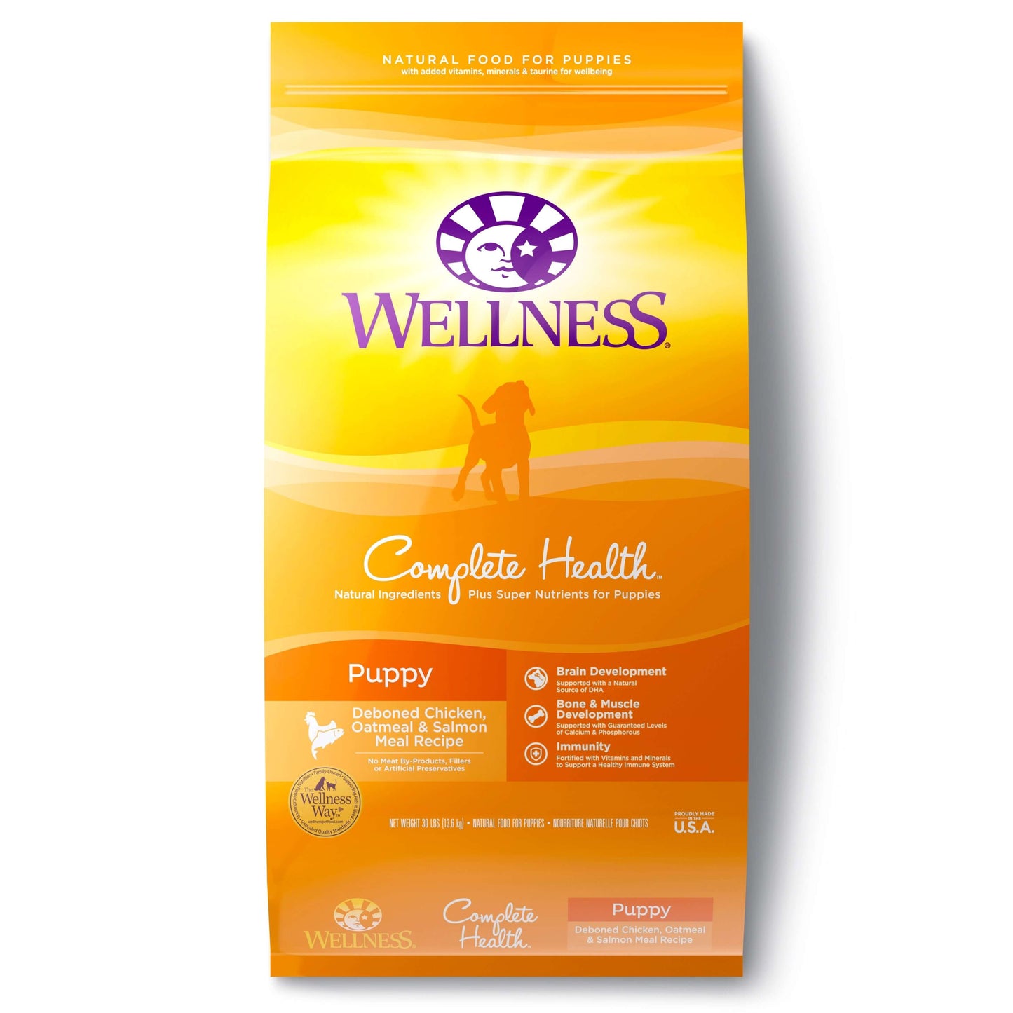 Wellness Complete Health Just For Puppy dry food with chicken, oatmeal, and salmon meal