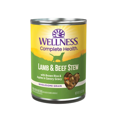 Wellness Complete Health Lamb & Beef Stew canned dog food, 12.5 oz, with brown rice, apples, and savory gravy.