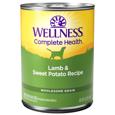 Wellness Complete Health Lamb & Sweet Potato Recipe canned dog food, 12.5 oz, nutritious and flavorful wet food.