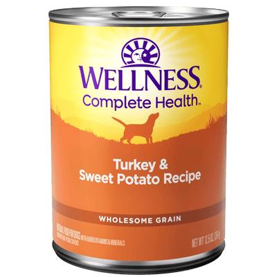 Wellness Complete Health Turkey & Sweet Potato Recipe canned dog wet food for healthy digestion and balanced nutrition.
