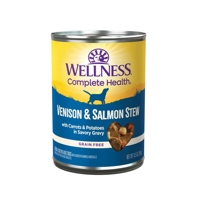 Wellness Complete Health Canned Dog Food with Venison, Salmon, Carrots & Potatoes in Savory Gravy, 12.5 oz.