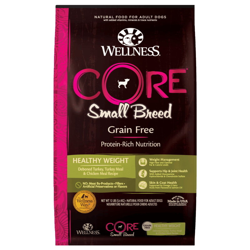 Wellness Core Healthy Weight Small Breed Grain-Free dry dog food with deboned turkey, turkey meal, and chicken meal