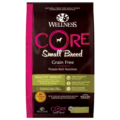 Wellness Core Healthy Weight Small Breed Grain-Free dry dog food with deboned turkey, turkey meal, and chicken meal