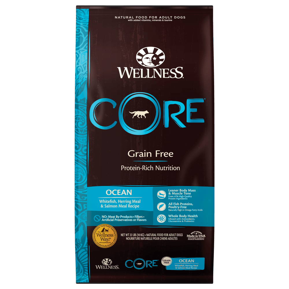 Wellness Core Ocean Grain-Free adult dry dog food with whitefish, herring meal, and salmon meal