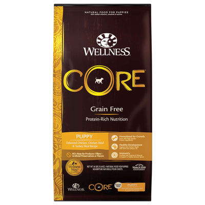 Wellness Core Grain-Free Puppy dry food with deboned chicken, chicken meal, and turkey meal