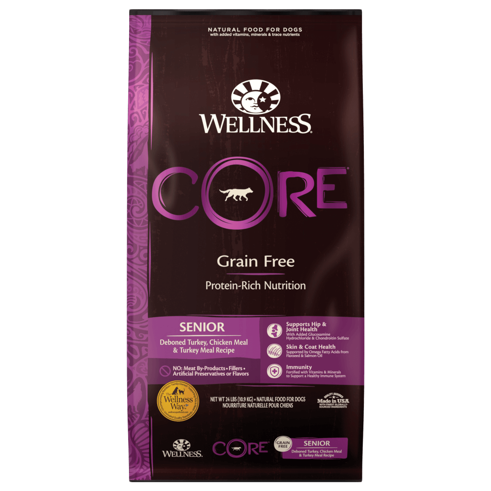 Wellness Core Senior Grain-Free dry dog food with deboned turkey, chicken meal, and turkey meal