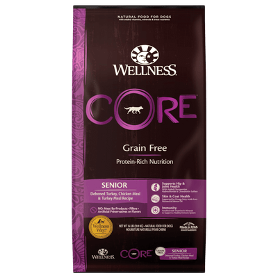Wellness Core Senior Grain-Free dry dog food with deboned turkey, chicken meal, and turkey meal