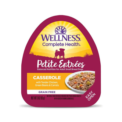 Wellness Petite Entrées dog wet food, 3 oz, tender chicken, green beans, carrots, grain-free.