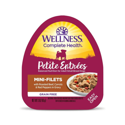 Wellness Petite Entrees Mini-Filets dog food with roasted beef, carrots, and red peppers in gravy, 3 oz packaging.