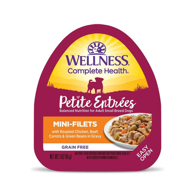 Wellness Petite Entrees mini-filets wet dog food featuring chicken, beef, carrots, and green beans in gravy.