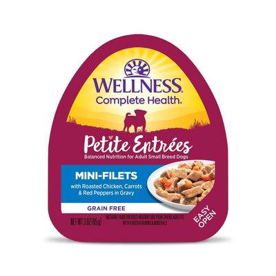 Wellness Petite Entrees Mini-Filets with roasted chicken, carrots, and red peppers in gravy for small breed dogs.